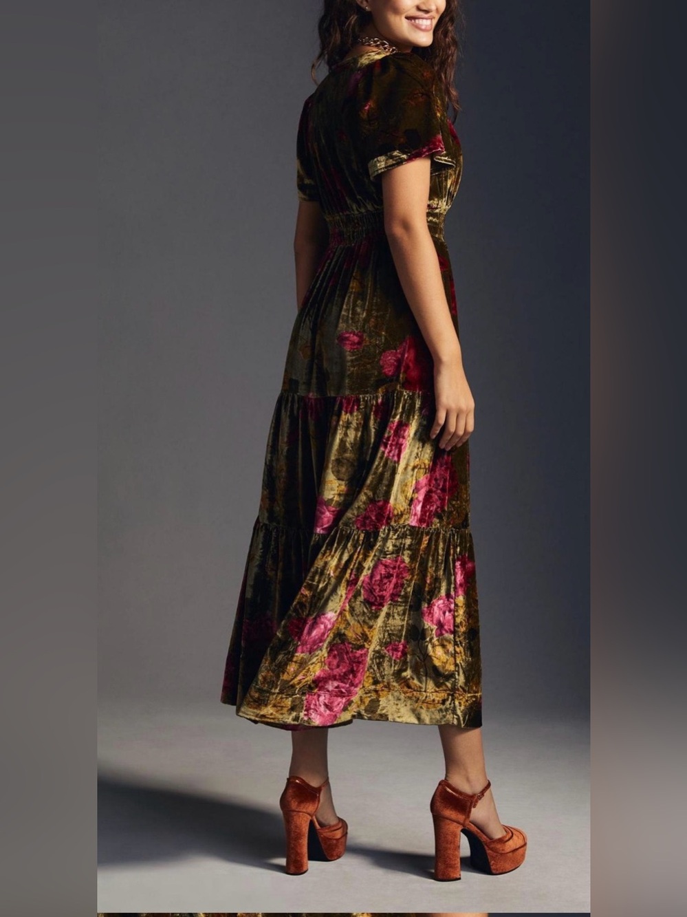 Anthropology Velvet Olive Green Maxi Dress with Pink Floral Print - Picture 2 of 4
